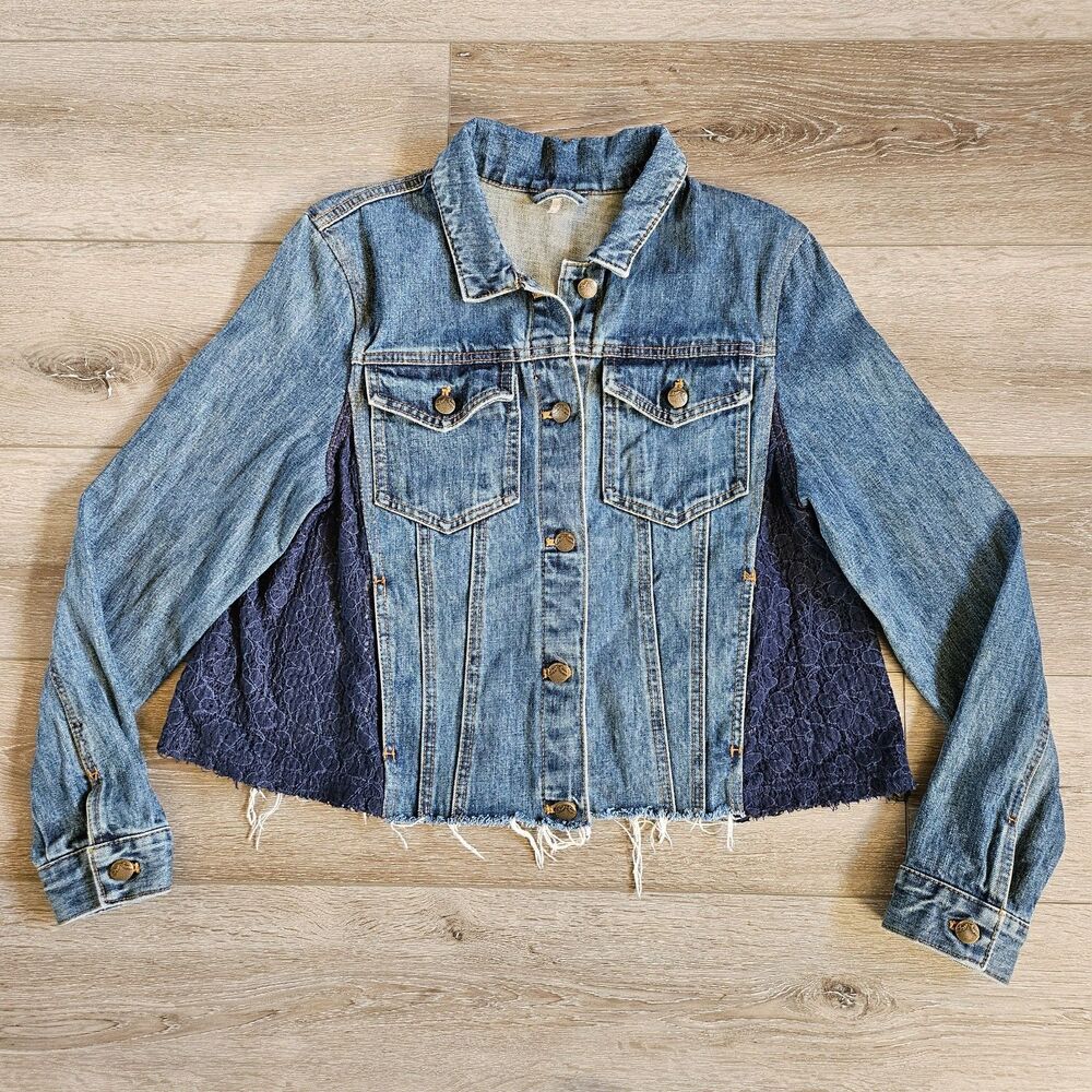 Free People Denim Lace Frayed Jean Jacket Women's Size M Dark Wash